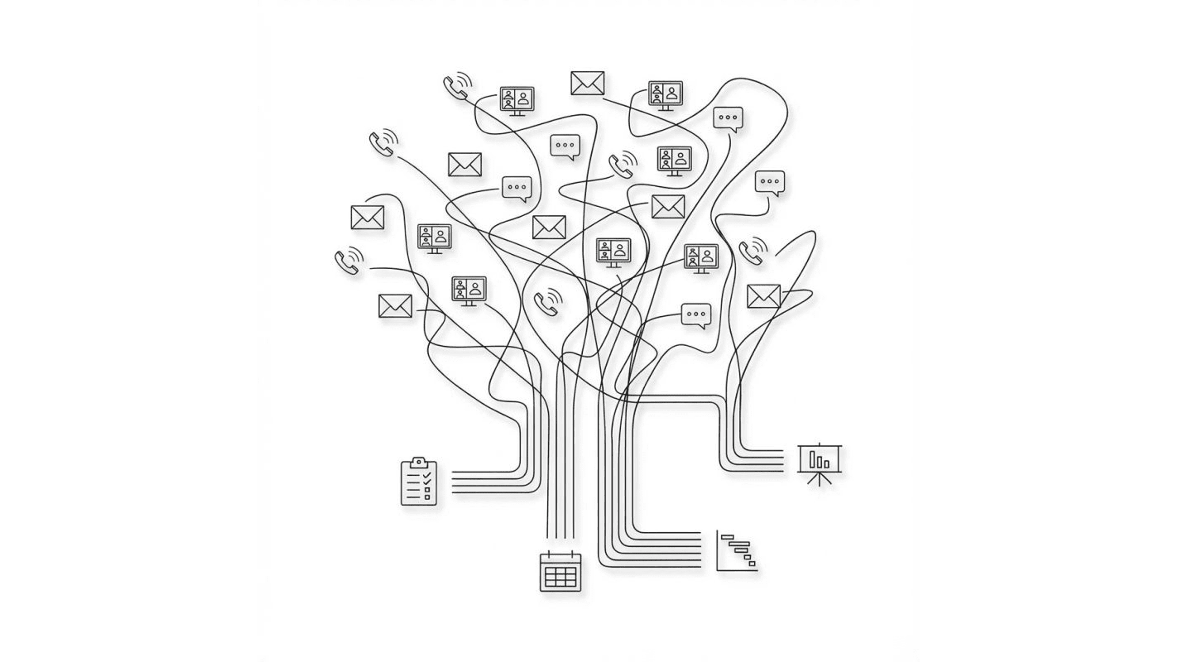 Illustration of unstructured communication (emails, calls, meetings, chats) transforming into structured project artefacts: checklist, calendar, timeline, and reports.