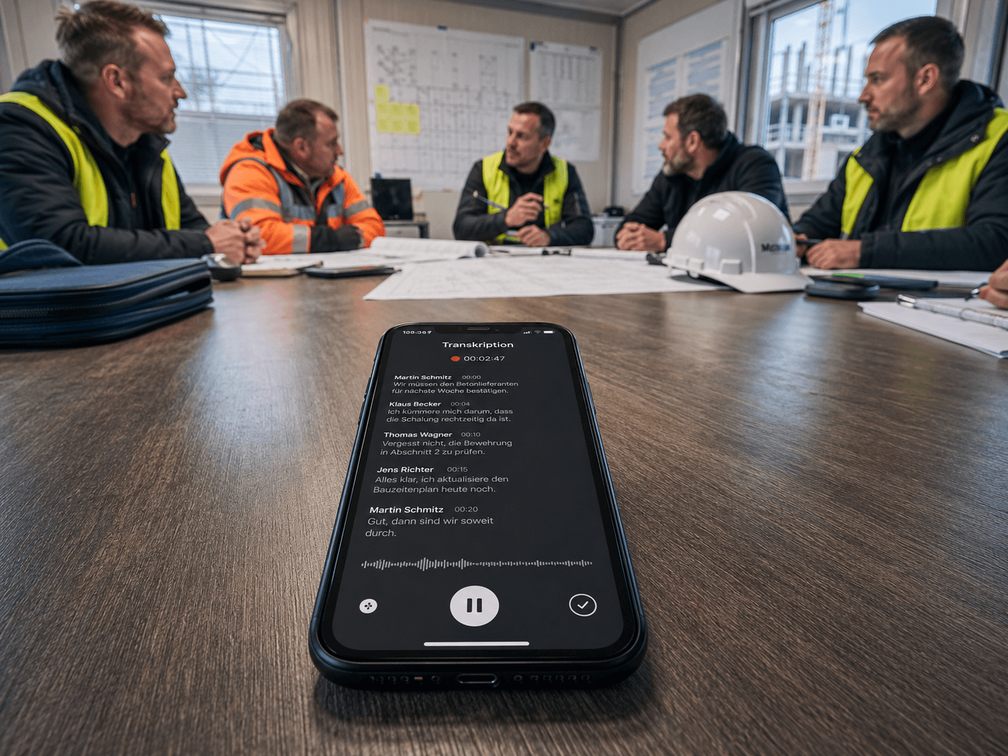 Smartphone on a construction meeting table showing live German transcription of a coordination meeting, with builders and plans in the background.