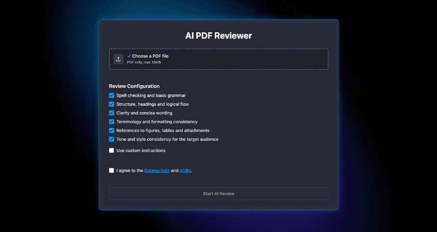 User interface of an AI PDF reviewer with configuration options for structured document checks.